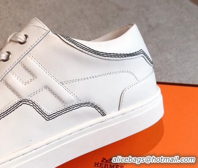 Pretty Style Hermes Calfskin Sneakers with Star Embroidery White 918033