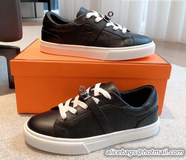 Good Looking Hermes Day Sneakers in Perforated Calfskin with Kelly Buckle Black 918034