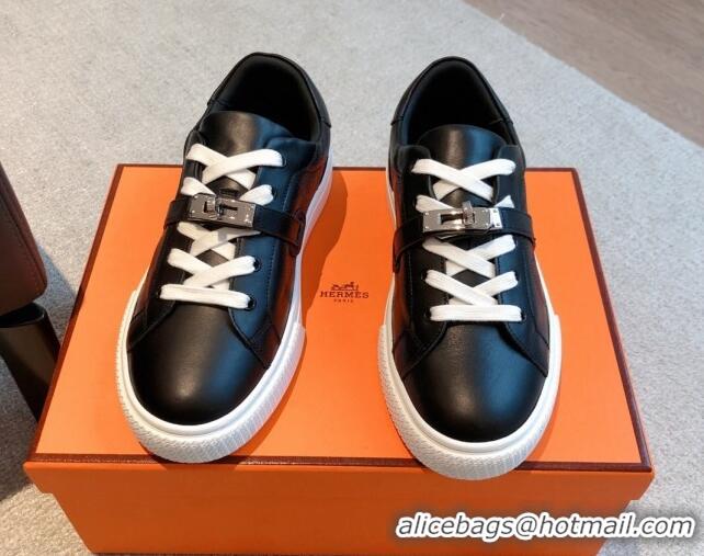 Good Looking Hermes Day Sneakers in Perforated Calfskin with Kelly Buckle Black 918034