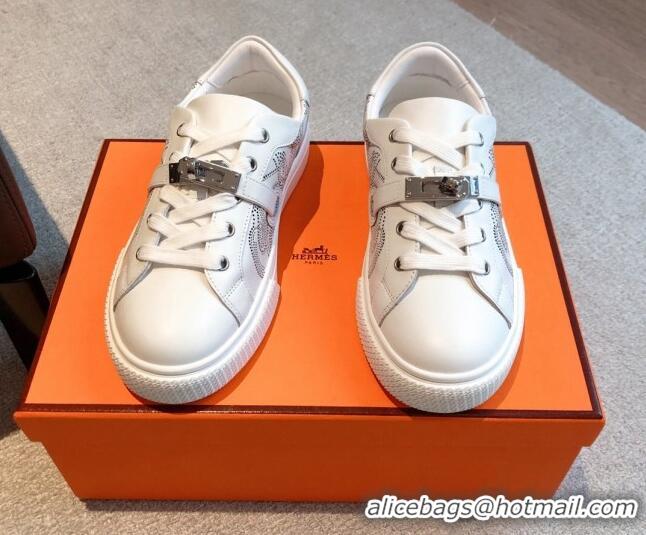 Big Discount Hermes Day Sneakers in Perforated Calfskin with Kelly Buckle White 918035