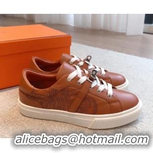 Good Product Hermes Day Sneakers in Perforated Calfskin with Kelly Buckle Brown 918037