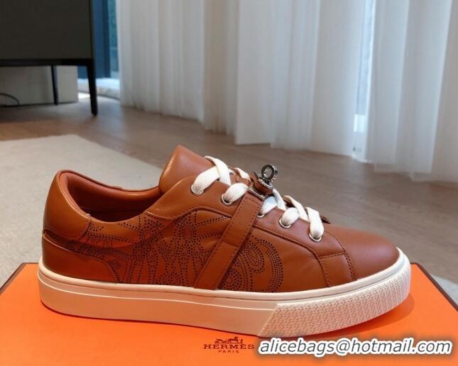 Good Product Hermes Day Sneakers in Perforated Calfskin with Kelly Buckle Brown 918037