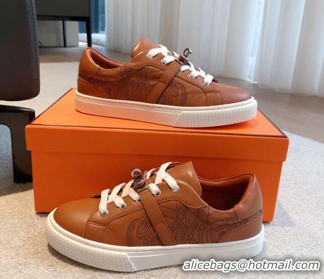 Good Product Hermes Day Sneakers in Perforated Calfskin with Kelly Buckle Brown 918037