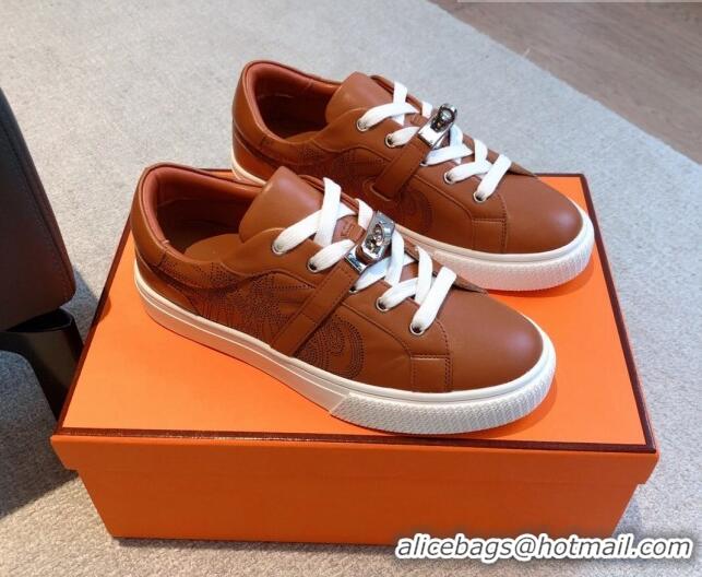 Good Product Hermes Day Sneakers in Perforated Calfskin with Kelly Buckle Brown 918037