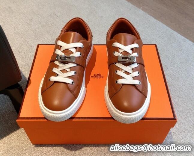 Good Product Hermes Day Sneakers in Perforated Calfskin with Kelly Buckle Brown 918037