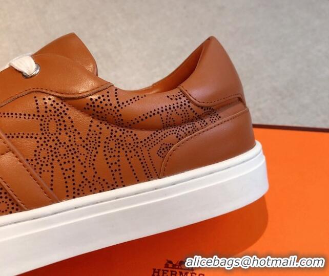 Good Product Hermes Day Sneakers in Perforated Calfskin with Kelly Buckle Brown 918037