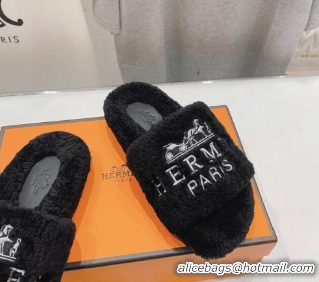 Best Product Hermes Logo Teddy Fur Flat Slide Sandals Black 926080