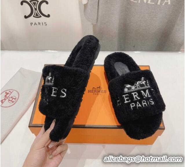 Best Product Hermes Logo Teddy Fur Flat Slide Sandals Black 926080