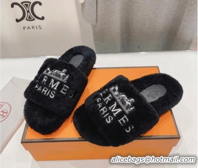 Best Product Hermes Logo Teddy Fur Flat Slide Sandals Black 926080