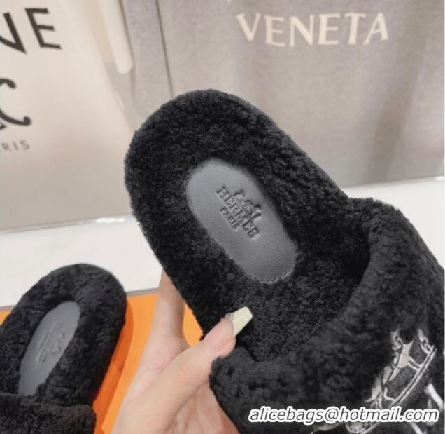 Best Product Hermes Logo Teddy Fur Flat Slide Sandals Black 926080