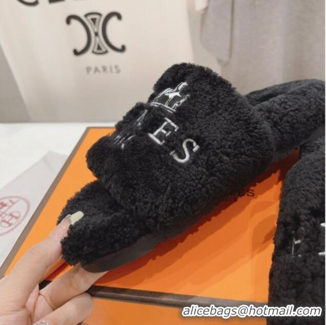 Best Product Hermes Logo Teddy Fur Flat Slide Sandals Black 926080