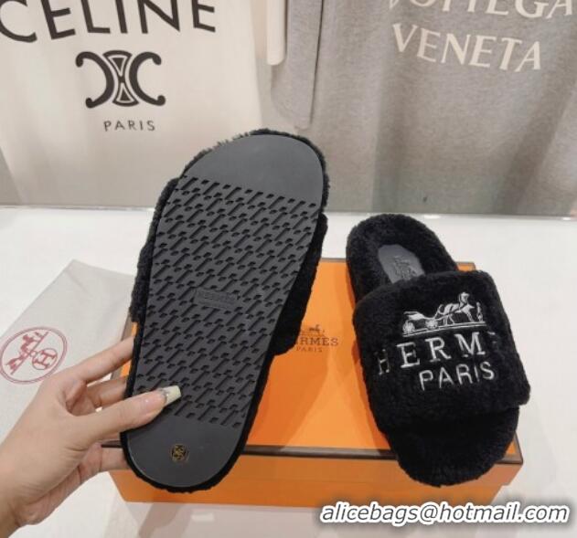 Best Product Hermes Logo Teddy Fur Flat Slide Sandals Black 926080