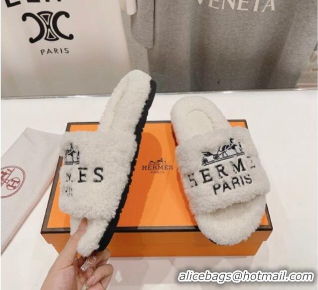 Feminine Hermes Logo Teddy Fur Flat Slide Sandals White 926081