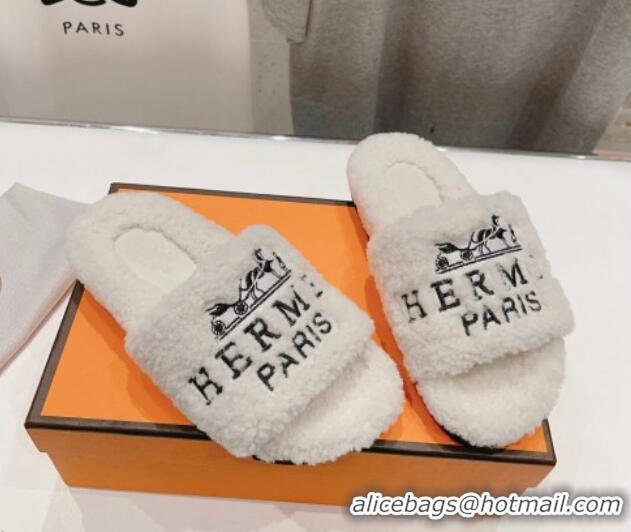 Feminine Hermes Logo Teddy Fur Flat Slide Sandals White 926081