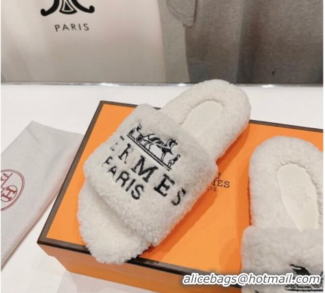 Feminine Hermes Logo Teddy Fur Flat Slide Sandals White 926081