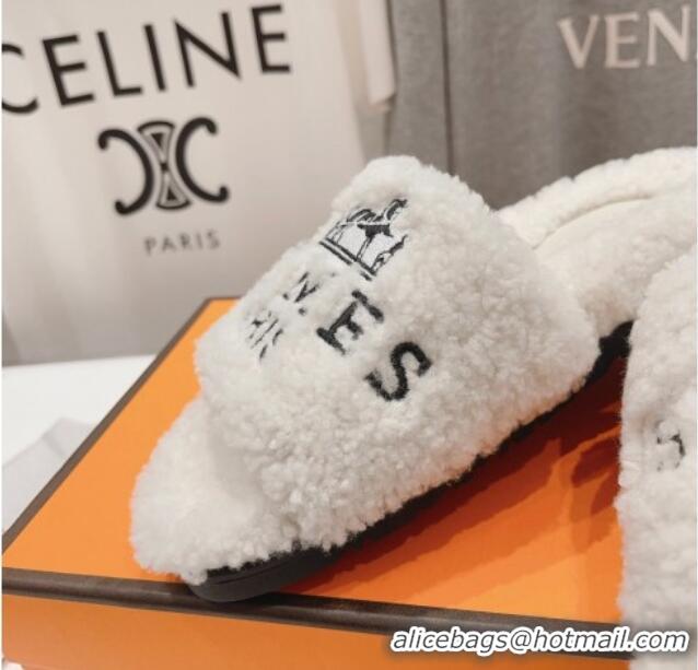 Feminine Hermes Logo Teddy Fur Flat Slide Sandals White 926081