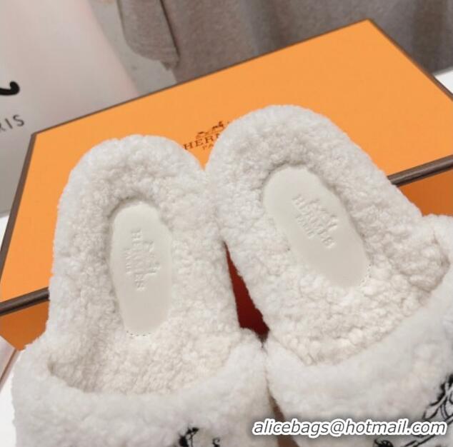 Feminine Hermes Logo Teddy Fur Flat Slide Sandals White 926081