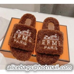 Low Price Hermes Logo Teddy Fur Flat Slide Sandals Brown 926082