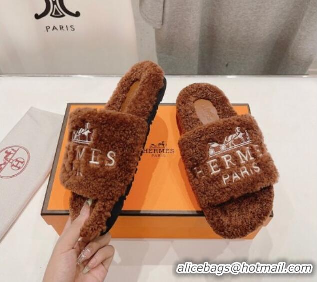 Low Price Hermes Logo Teddy Fur Flat Slide Sandals Brown 926082