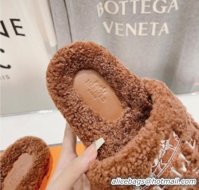 Low Price Hermes Logo Teddy Fur Flat Slide Sandals Brown 926082