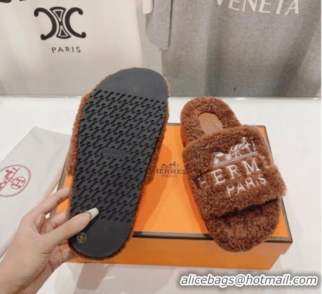 Low Price Hermes Logo Teddy Fur Flat Slide Sandals Brown 926082