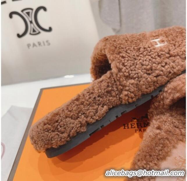 Low Price Hermes Logo Teddy Fur Flat Slide Sandals Brown 926082