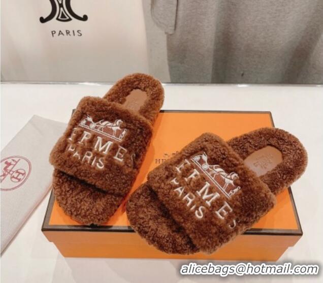 Low Price Hermes Logo Teddy Fur Flat Slide Sandals Brown 926082