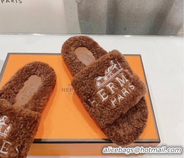 Low Price Hermes Logo Teddy Fur Flat Slide Sandals Brown 926082