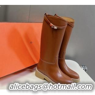 Classic Hot Hermes Honey High Boots in Calfskin and Rubber Sole Brown 013130