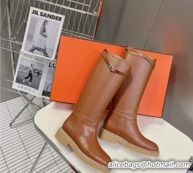 Classic Hot Hermes Honey High Boots in Calfskin and Rubber Sole Brown 013130