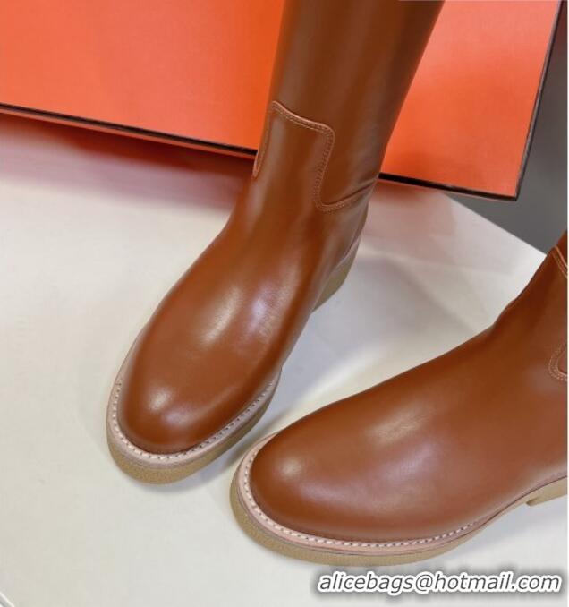 Classic Hot Hermes Honey High Boots in Calfskin and Rubber Sole Brown 013130