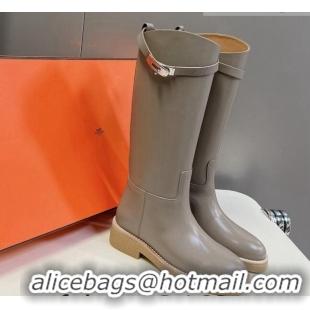 Most Popular Hermes Honey High Boots in Calfskin and Rubber Sole Grey 013131