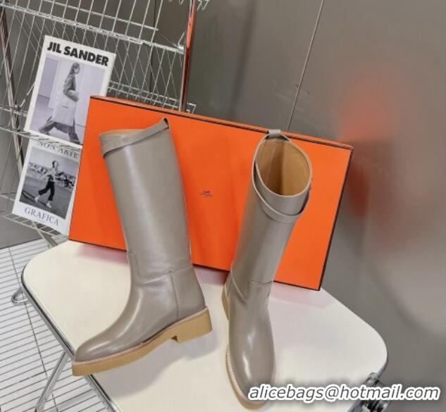 Most Popular Hermes Honey High Boots in Calfskin and Rubber Sole Grey 013131