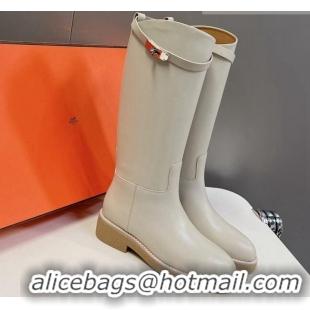 Grade Quality Hermes Honey High Boots in Calfskin and Rubber Sole White 013132