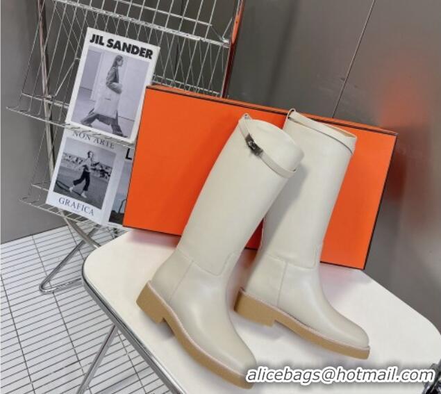 Grade Quality Hermes Honey High Boots in Calfskin and Rubber Sole White 013132