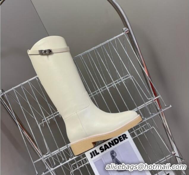 Grade Quality Hermes Honey High Boots in Calfskin and Rubber Sole White 013132