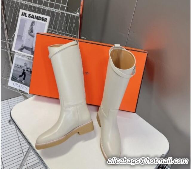 Grade Quality Hermes Honey High Boots in Calfskin and Rubber Sole White 013132