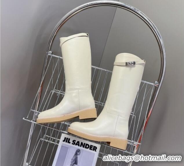 Grade Quality Hermes Honey High Boots in Calfskin and Rubber Sole White 013132