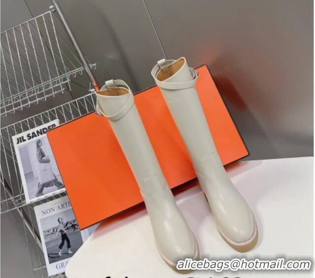 Grade Quality Hermes Honey High Boots in Calfskin and Rubber Sole White 013132