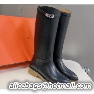 Popular Style Hermes Honey High Boots in Calfskin and Rubber Sole Black 013133