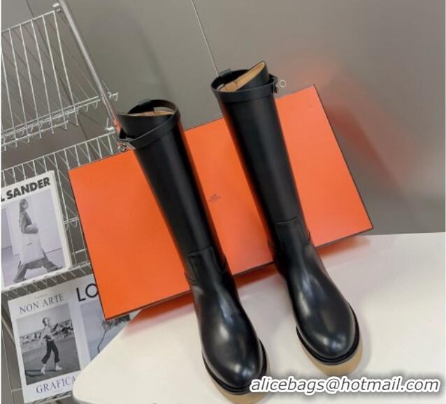 Popular Style Hermes Honey High Boots in Calfskin and Rubber Sole Black 013133