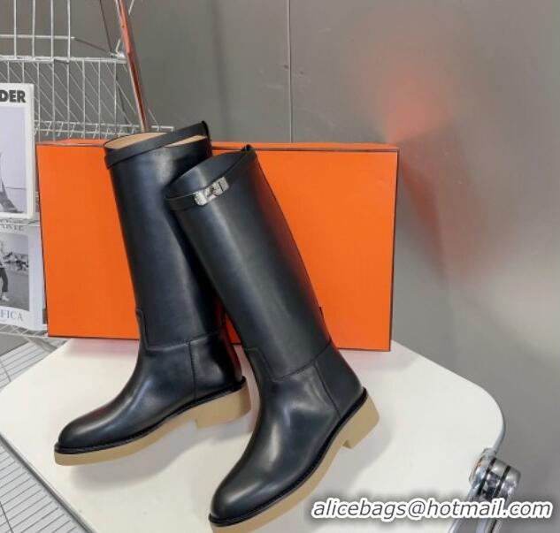 Popular Style Hermes Honey High Boots in Calfskin and Rubber Sole Black 013133