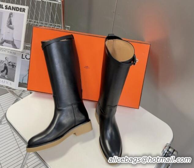 Popular Style Hermes Honey High Boots in Calfskin and Rubber Sole Black 013133