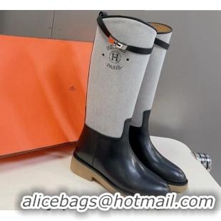 Good Quality Hermes Honey High Boots in Leather Canvas and Rubber Sole Black/Grey 013134