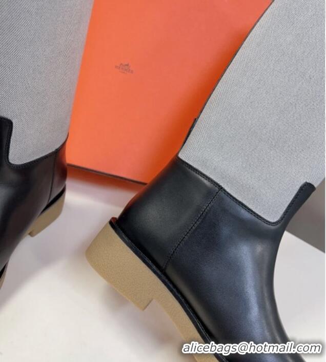 Good Quality Hermes Honey High Boots in Leather Canvas and Rubber Sole Black/Grey 013134