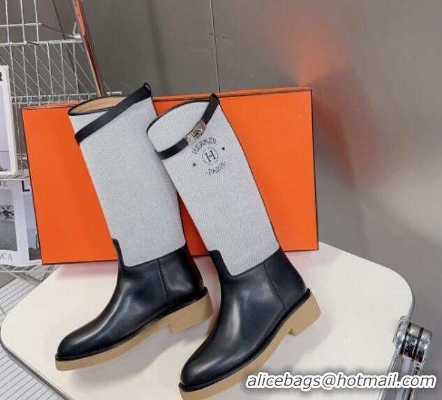 Good Quality Hermes Honey High Boots in Leather Canvas and Rubber Sole Black/Grey 013134