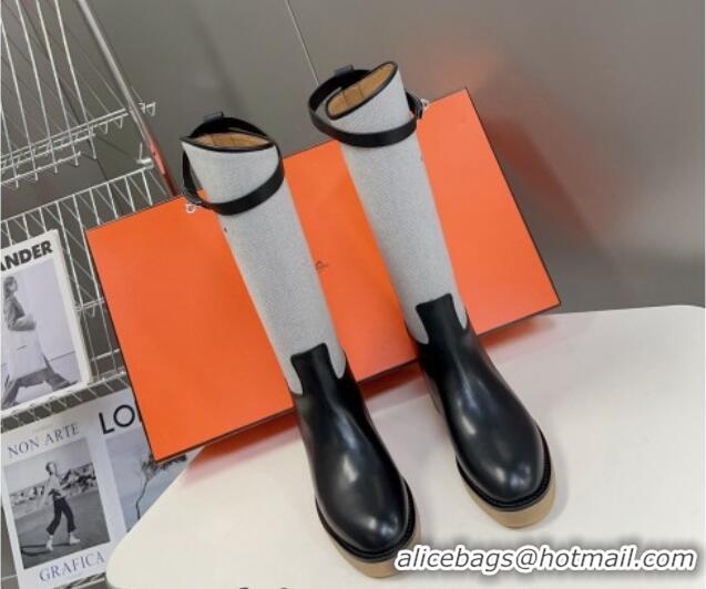 Good Quality Hermes Honey High Boots in Leather Canvas and Rubber Sole Black/Grey 013134