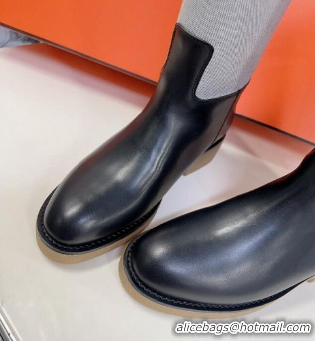 Good Quality Hermes Honey High Boots in Leather Canvas and Rubber Sole Black/Grey 013134