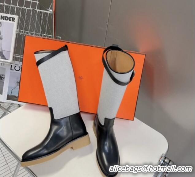 Good Quality Hermes Honey High Boots in Leather Canvas and Rubber Sole Black/Grey 013134