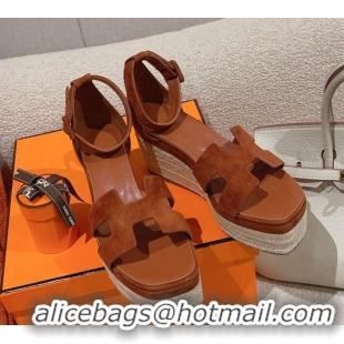 Charming Hermes Elda Suede Platform Wedge Sandals 8.5cm Brown 014022